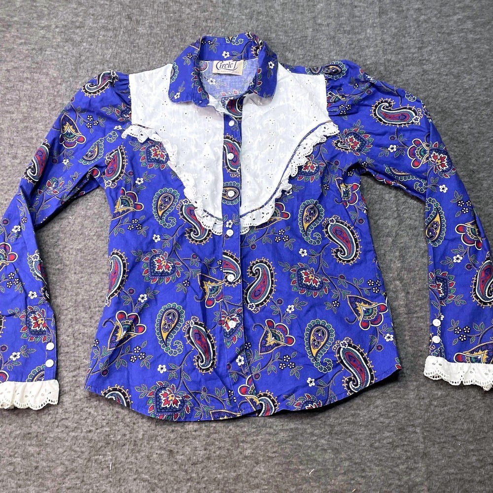 Vintage Circle T‎ Shirt Women Small Paisley Long Sleeve Western Retro 70s